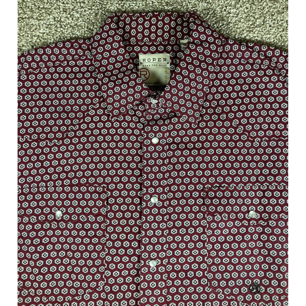 Roper Mens XL Burgundy Geometric Hexagon Print Pearl Snap Western Shirt